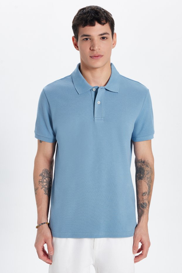 Men's Slim Fit Slim Fit 100% Cotton Blue Polo Neck T-Shirt