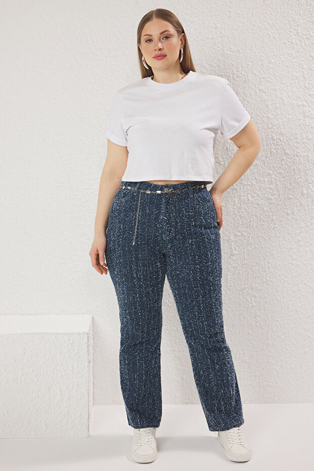 Mavi Yüksek Bel Dokulu Straight Fit Büyük Beden Jeans TBBSS25CJ00020 - 1