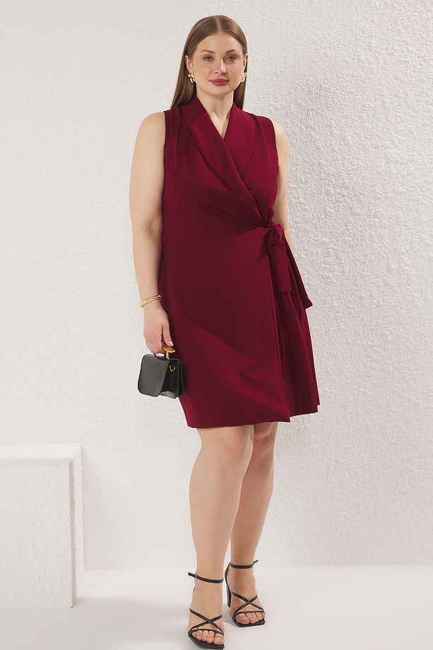 Bordo Düz Kruvaze Dokuma Elbise TBBSS23AH00254 - 1