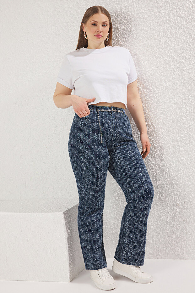 Mavi Yüksek Bel Dokulu Straight Fit Büyük Beden Jeans TBBSS25CJ00020 - 2