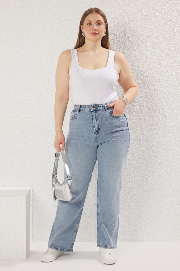 Buz Mavisi Yüksek Bel Troklu Geniş Paça Comfort/Orta Esnek Büyük Beden Wide Leg Jeans TBBSS25CJ00014 - 1