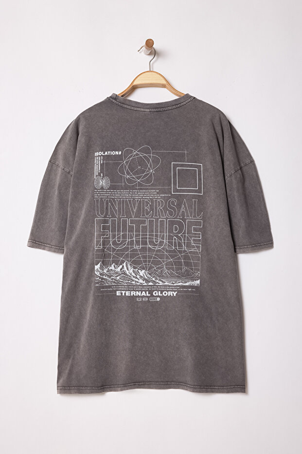 Büyük Beden Antrasit Oversize/Geniş Kesim Soluk Efektli Baskılı %100 Pamuk T-Shirt TMNSS25BF00015 - 2