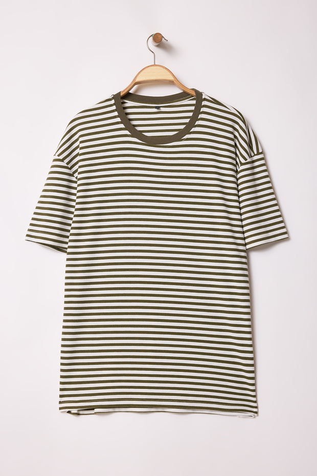 Haki-Ekru Çizgili Oversize/Geniş Kesim Dokulu T-Shirt TMNSS25TS00081 - 5