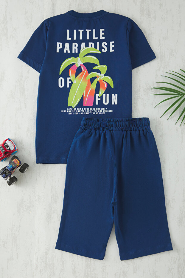 Lacivert Erkek Çocuk %100 Pamuk Tropik Baskılı Örme T-Shirt Şort Alt-Üst Takım TKDSS24AU00005 - 9