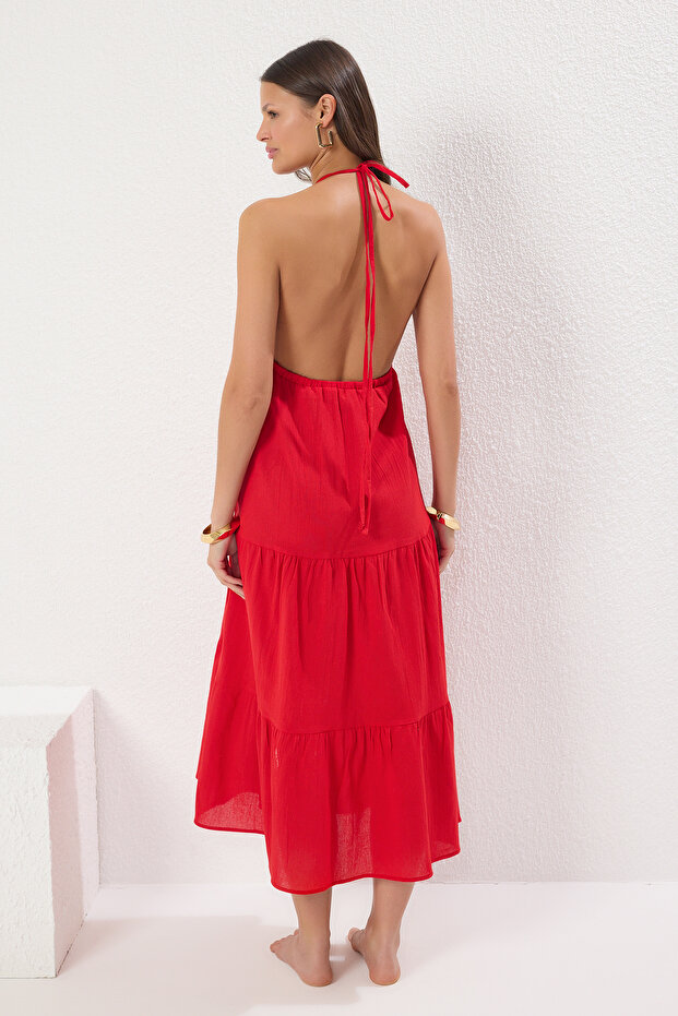 Kırmızı Örme Maxi Plaj Elbise TBESS25EL00099 - 4