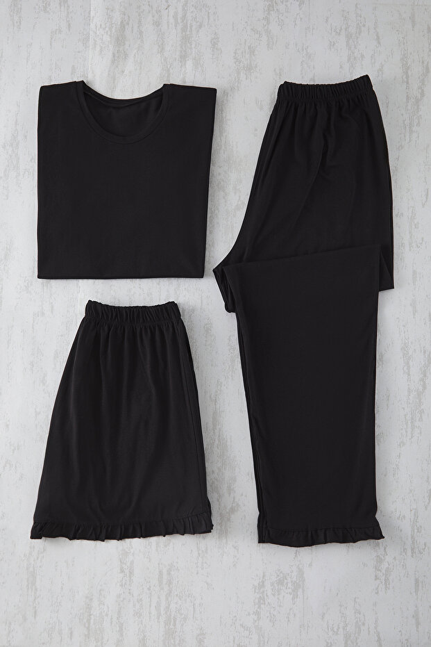 Siyah Bisiklet Yaka Fırfır Detaylı 3'lü Set Pijama Takımı TBBSS25AI00093 - 11