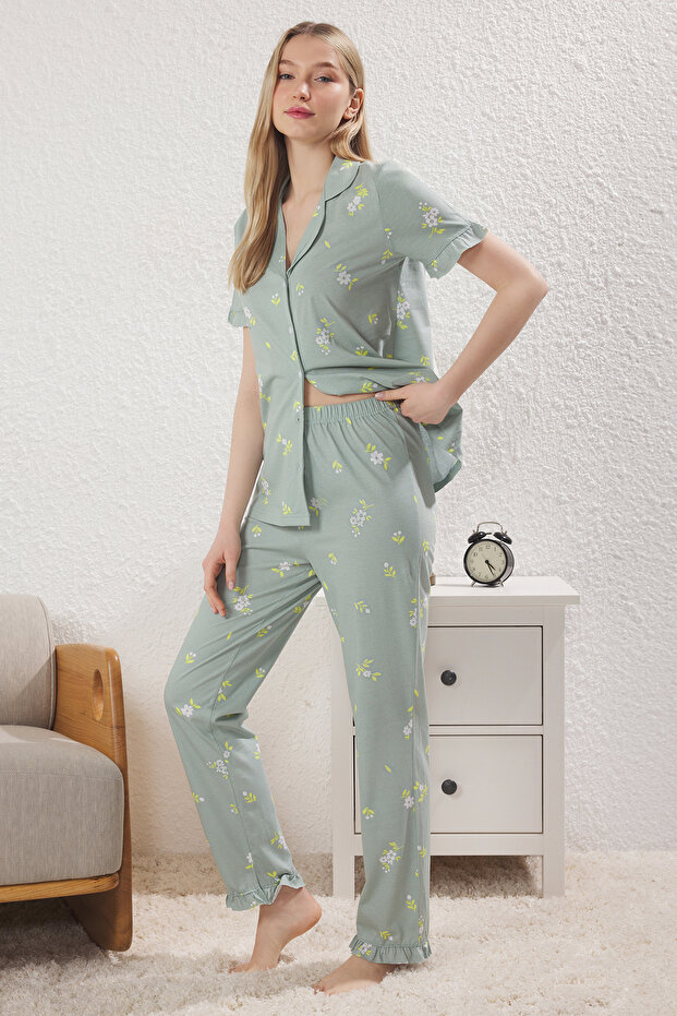 Mint %100 Pamuklu Çiçekli Fırfırlı Örme Pijama Takımı THMSS24PT00227 - 1
