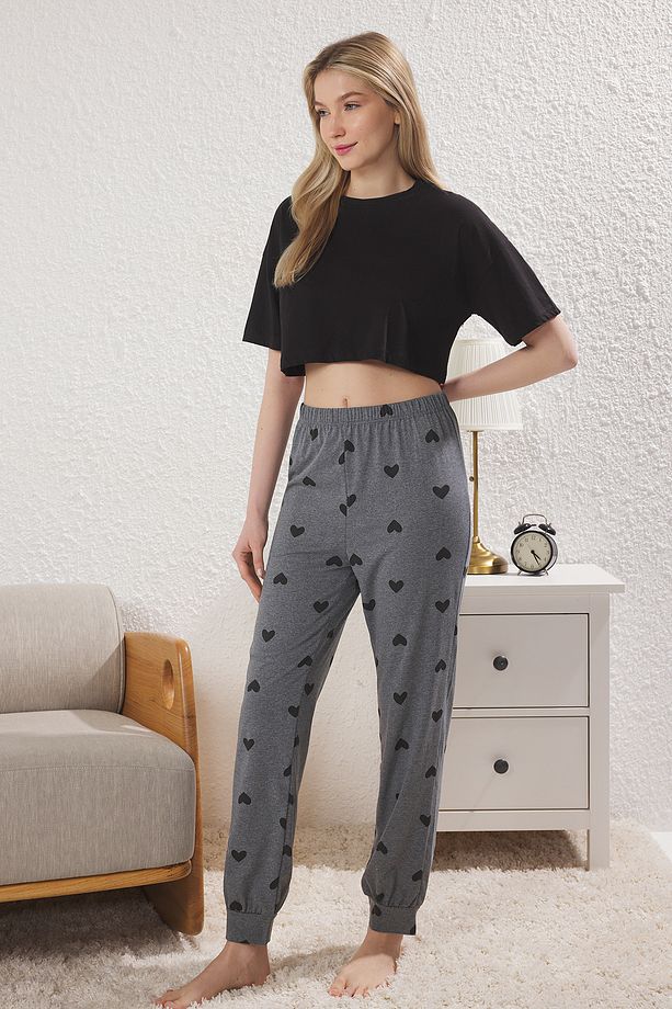 Antrasit-Çok Renkli 2'li Paket Kalpli Örme Pijama Altı THMSS25PJ00017 - 2
