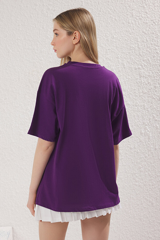 Mor %100 Pamuk Oversize/Geniş Kalıp Baskılı Örme T-Shirt TWOSS25TS00147 - 4