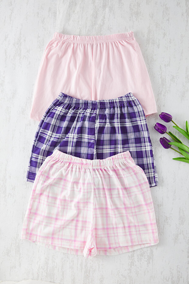 Çok Renkli %100 Pamuklu 3'lü Paket Ekoseli Örme Pijama Altı THMSS25PJ00016 - 1