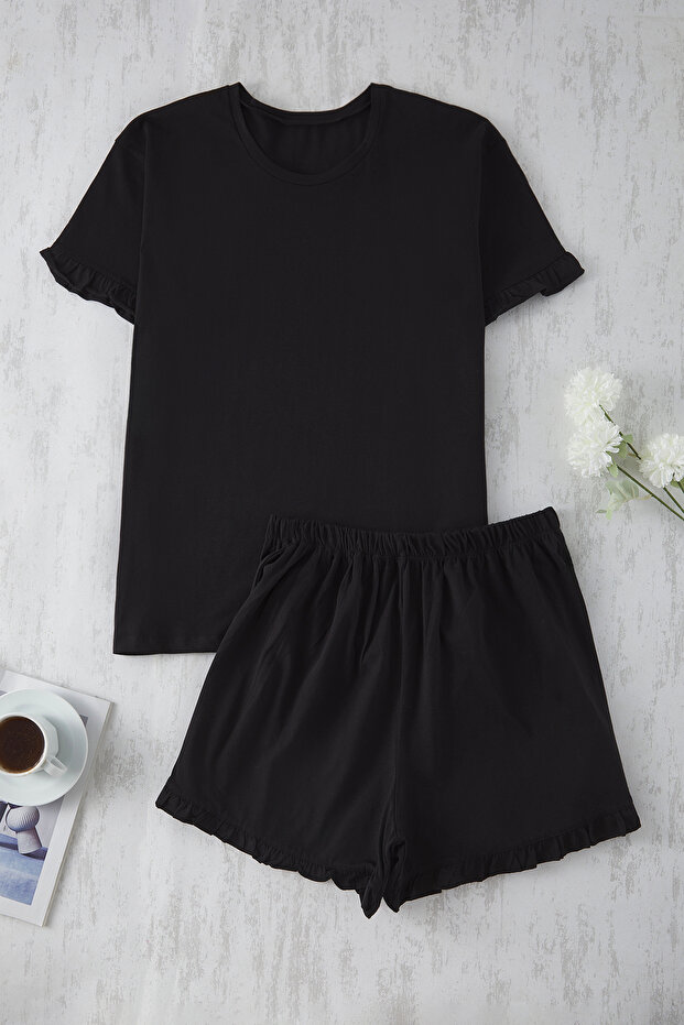 Siyah Bisiklet Yaka Fırfır Detaylı 3'lü Set Pijama Takımı TBBSS25AI00093 - 8