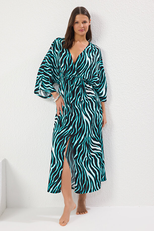 Zebra Desenli Dokuma Büzgülü Maxi Plaj Elbise TBESS25EL00083 - 2