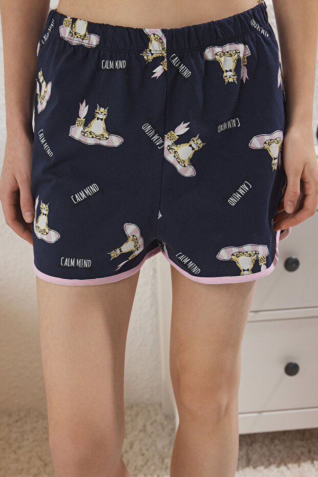 Kadın Couple/Çift Lacivert %100 Pamuklu Kedili Sloganlı Şortlu Örme Pijama Takımı THMSS25PT00345 - 4