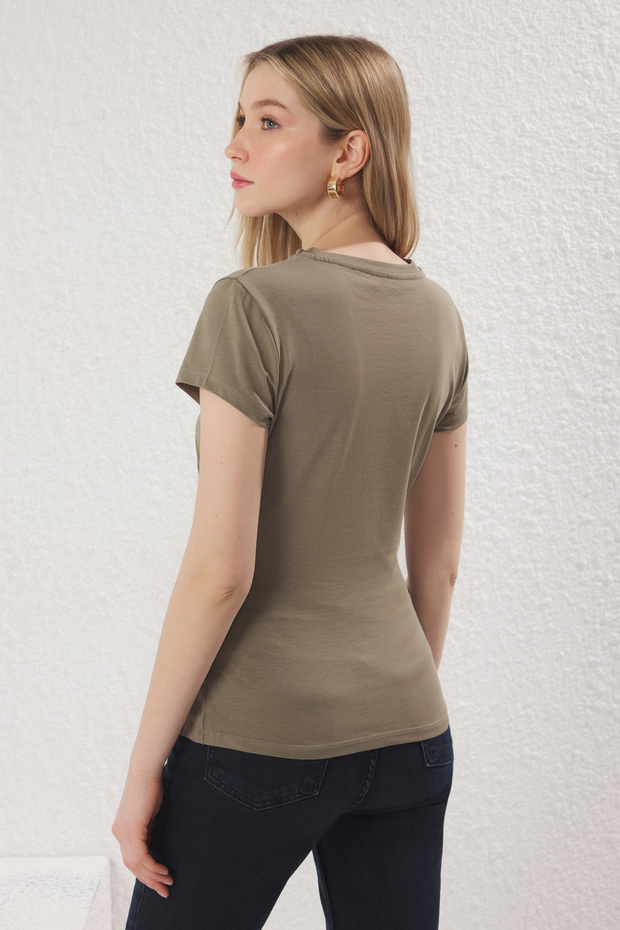Haki Büzgü/Drape Detaylı Yırtmaçlı Asimetrik Fitted/Vücuda Oturan Örme Bluz TWOSS25BZ00380 - 5