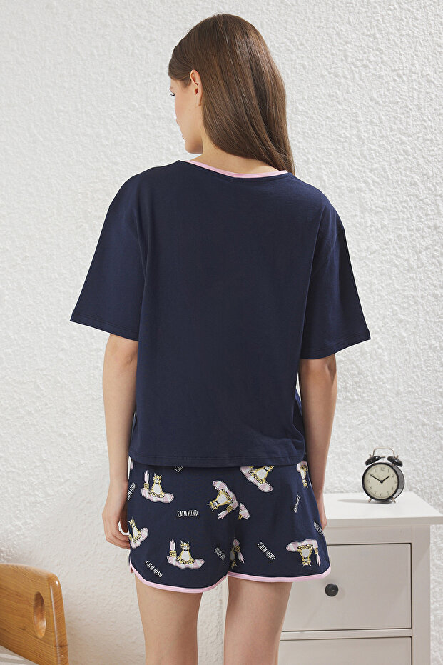 Kadın Couple/Çift Lacivert %100 Pamuklu Kedili Sloganlı Şortlu Örme Pijama Takımı THMSS25PT00345 - 5