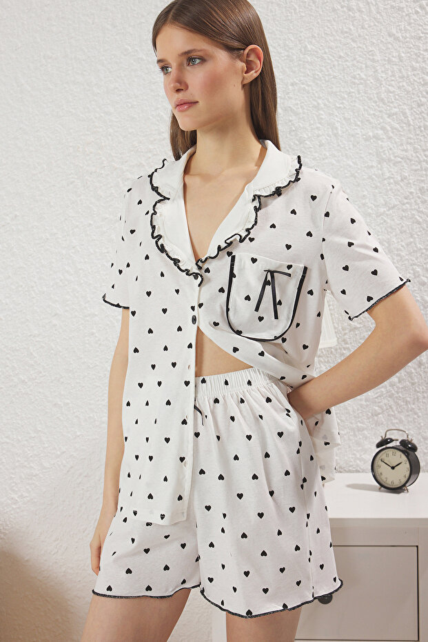Beyaz %100 Pamuklu Kalpli Fırfırlı ve Kurdele/Fiyonklu Şortlu Örme Pijama Takımı THMSS25PT00264 - 2