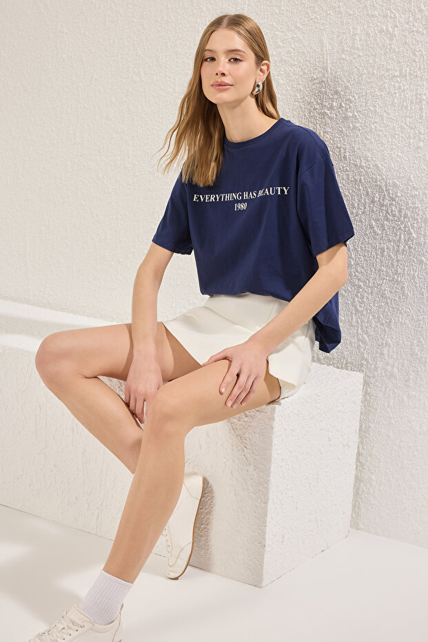 Lacivert %100 Pamuk Slogan Baskılı Relaxed/Geniş Rahat Kesim Örme T-Shirt TWOSS19GH0034 - 2