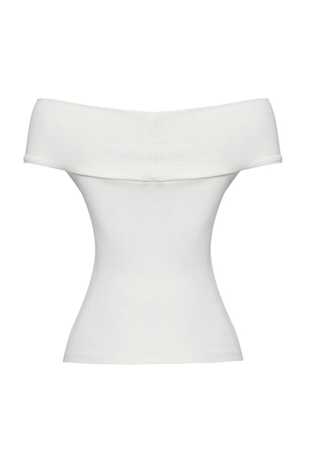 Ekru Carmen Yaka Düğüm Detaylı Fitted/Vücuda Oturan Örme Bluz TWOSS25BZ00369 - 6