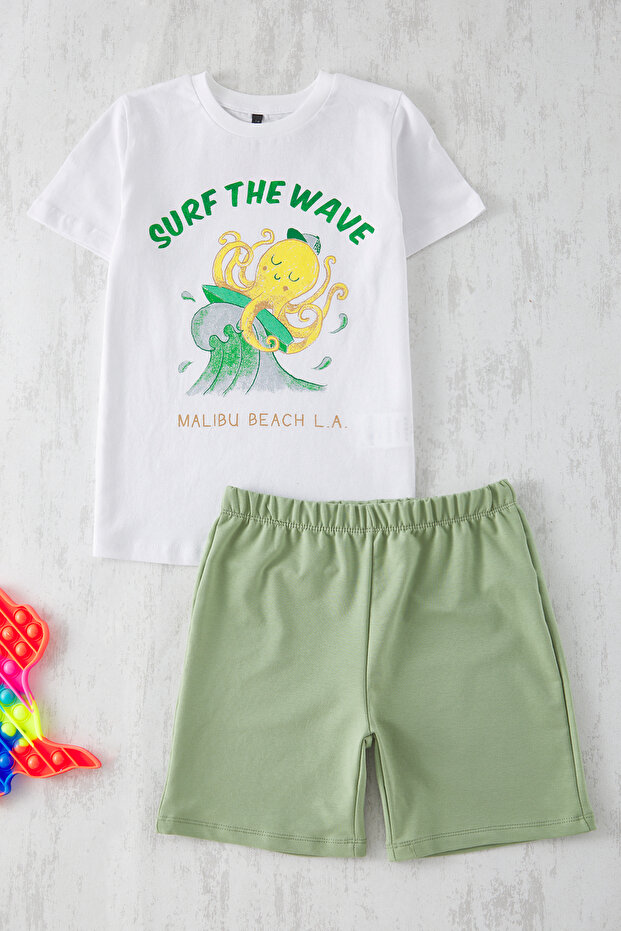 Yeşil Erkek Çocuk Pamuklu Baskılı Kısa Kol T-Shirt-Şort Örme Alt Üst Takım TKDSS25AU00082 - 2