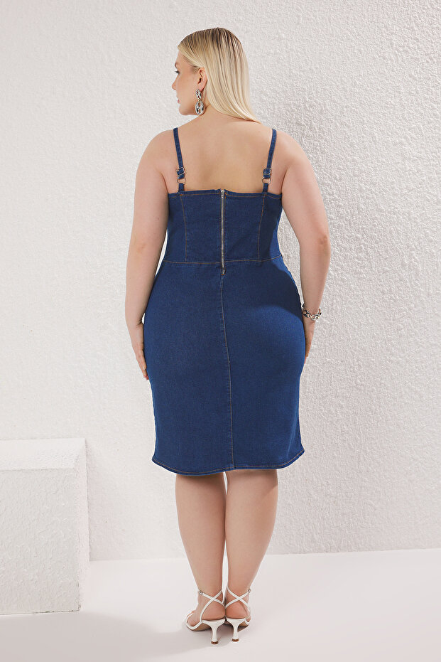 Mavi Askılı Dikiş Detaylı Comfort/Orta Esnek Büyük Beden Denim Elbise TBBSS25AH00139 - 4