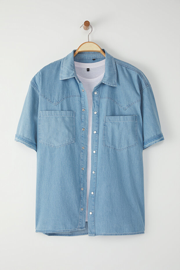 Mavi Geniş Fit Kısa Kol Western Denim Kot Gömlek TMNSS25GO00046 - 5