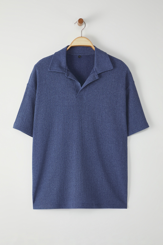 Indigo Oversize/Geniş Kesim Dokulu Örme Polo Yaka T-shirt TMNSS25PO00045 - 5