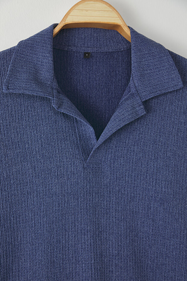 Indigo Oversize/Geniş Kesim Dokulu Örme Polo Yaka T-shirt TMNSS25PO00045 - 6