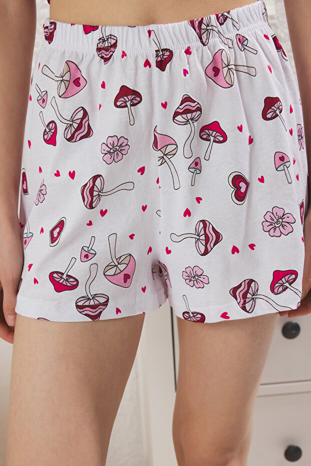 Bordo %100 Pamuklu Eğlence Desenli Şortlu Örme Pijama Takımı THMSS25PT00393 - 3