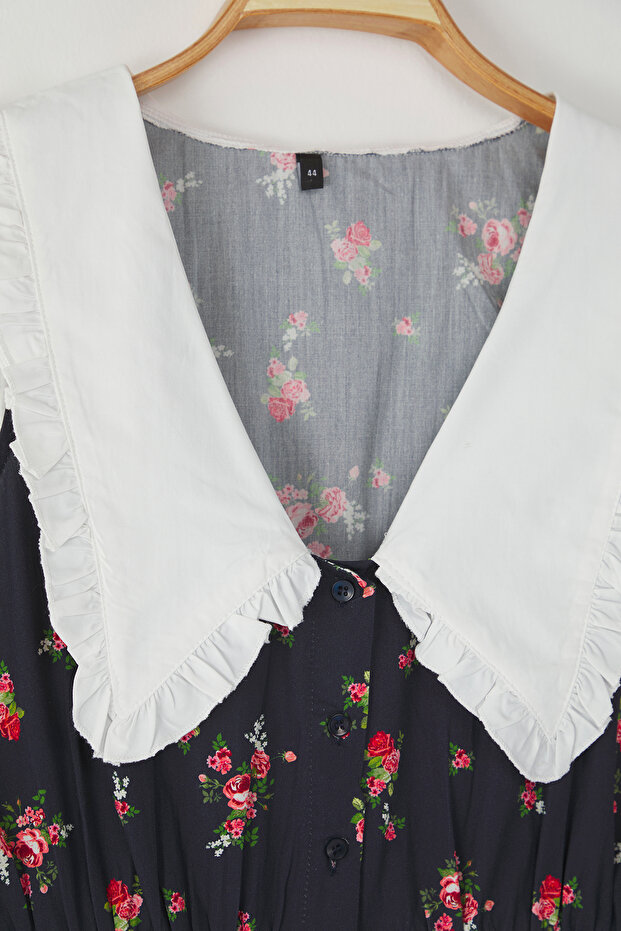 Çok Renkli Çiçekli Poplin %100 Pamuk Bebe Yaka Midi Dokuma Büyük Beden Elbise TBBSS25AH00158 - 6
