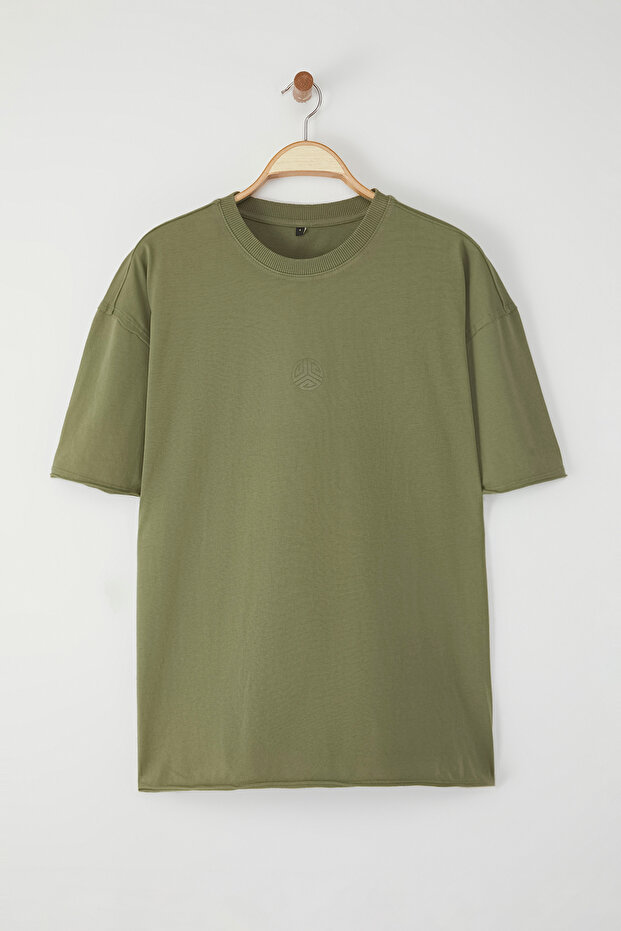 Haki Oversize/Geniş Kesim Eskitme/Yıkama Görünümlü %100 Pamuklu T-Shirt TMNSS25TS00077 - 6