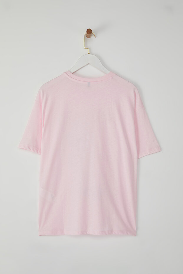 Açık Pembe %100 Kalın Pamuklu Kokteyl Baskılı Oversize/Geniş Kesim Örme T-Shirt TWOSS25TS00163 - 6