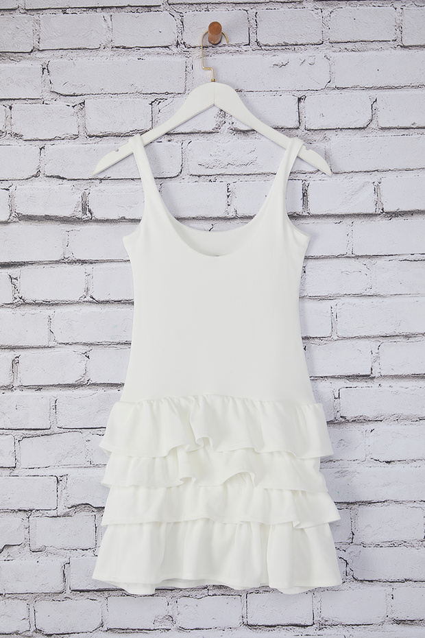 Beyaz Düz Fırfırlı Kısa / Mini Esnek Örme Elbise TWOSS25EL00388 - 6