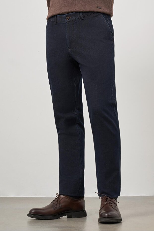 Men's Dark Navy Blue Cotton Comfort Fit Chino Trousers with Side Pockets 1003245155
