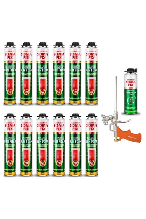 12 Adet 750 ml Tabancalı Poliüretan Çelik Kapı Dolgu Köpüğü Köpük Tabancası Köpük Temizleyicisi Seti - 1