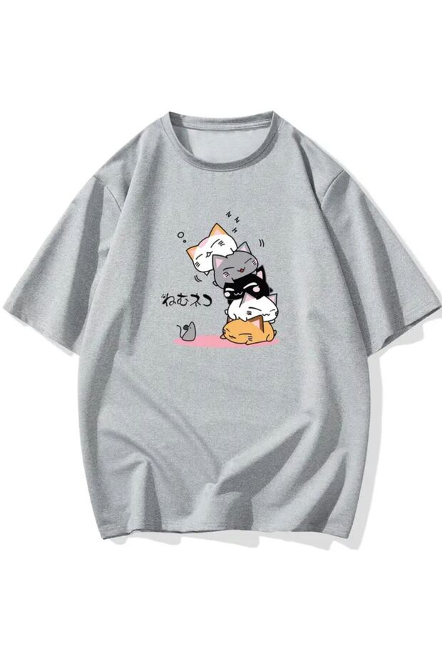 Sevimli Kediler Baskılı Basic T-Shirt - 1