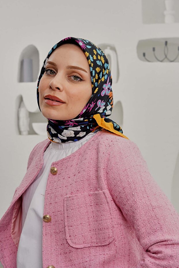 Çiçek Desen Sarı Soft Pamuk Eşarp - 4