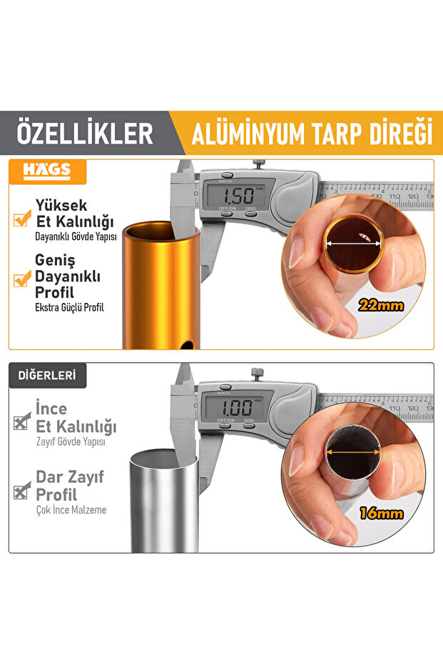 Tarp Kamp Direkleri, 2`li Set Teleskopik Alüminyum Tente Çadır Gölgelik Branda Direkleri Gümüş - 3