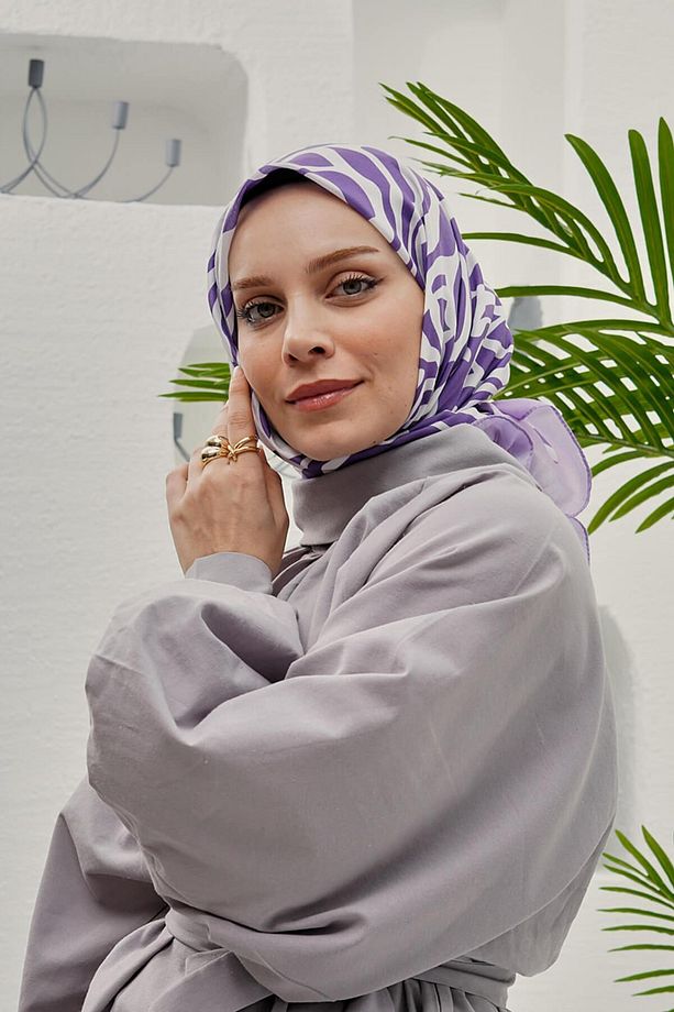 Yaprak Desen Mor Soft Pamuk Eşarp - 4
