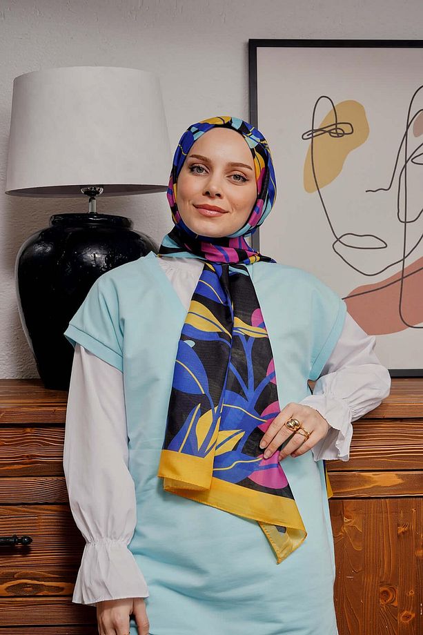 Tropikal Yaprak Desen Sarı Soft Pamuk Şal - 3