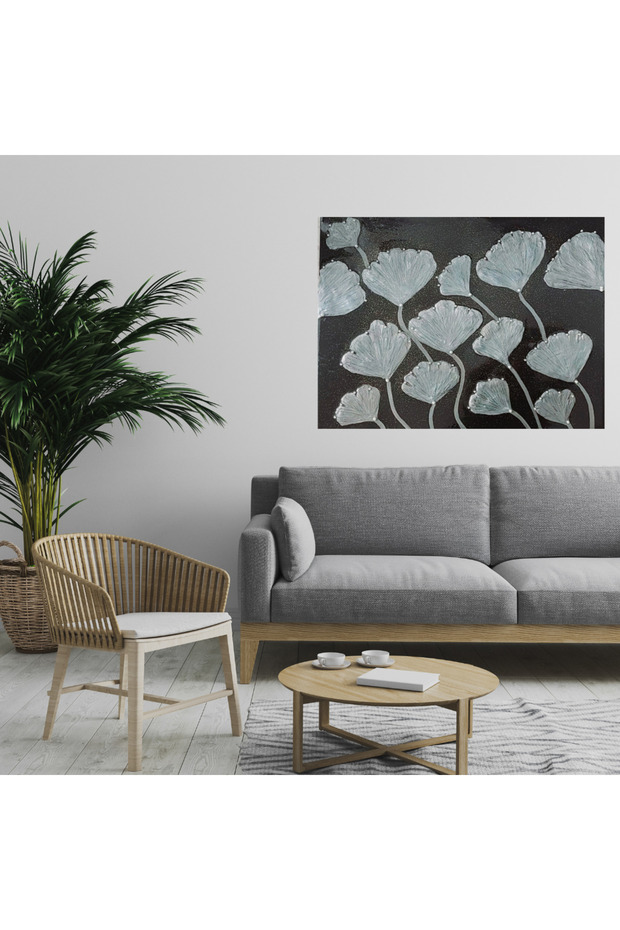 Lüks Duvar Dekoru: 60x80 cm Epoksi Kaplamalı Gümüş 3D Çiçek Tasarımı El Yapımı Tablo - 2