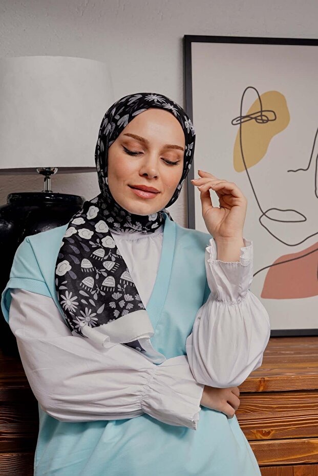 Flower Pattern Black Soft Cotton Shawl - 3