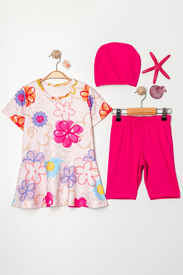 Floral Patterned Flounce Skirt Bonnet Girl's Three Piece Swimsuit Set