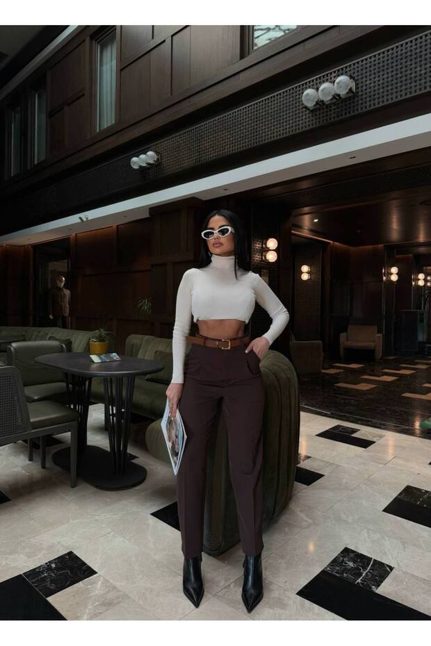 Women's Bitter Brown High Waist Pleated Belted Premium Trousers