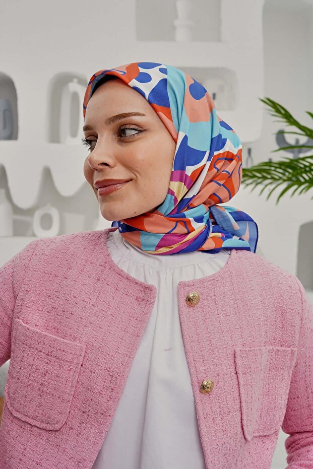 وشاح قطني ناعم منقوش بأوراق الشجر الزرقاء - 4