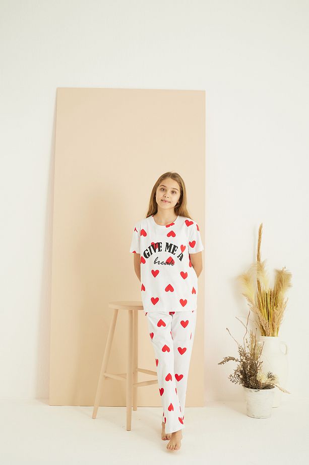 ekru kalp desenli Pamuklu Bisiklet Yaka Örme Pijama Takım25107148 - 3