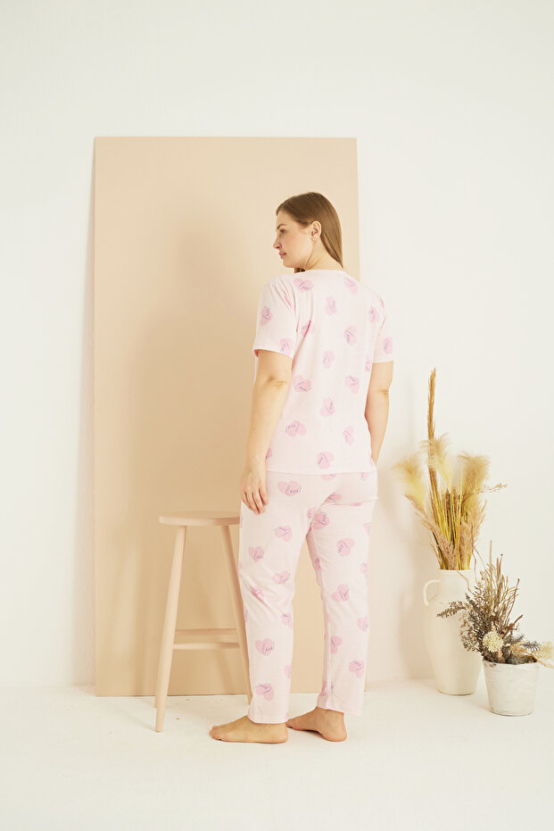 Pink Patterned Curve Plus Size Oversize Cotton Pajama Set 25103738 - 3