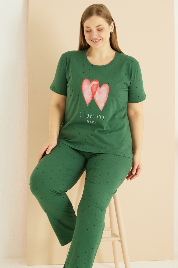 Green Patterned Curve Plus Size Oversize Cotton Pajama Set 25103744 - 1