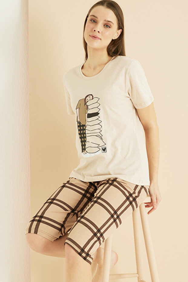 Cream Patterned Cotton Crew Neck Knitted Capri Suit 25102192