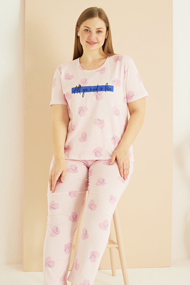 Pink Patterned Curve Plus Size Oversize Cotton Pajama Set 25103738 - 1