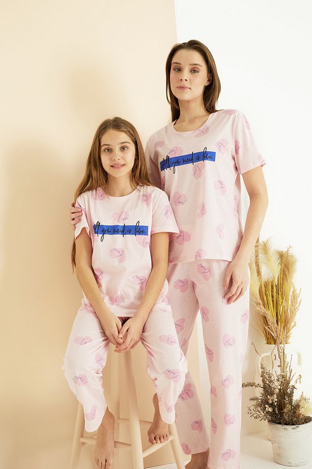 pembe desenli Pamuklu Bisiklet Yaka Örme Pijama Takım25107154 - 1